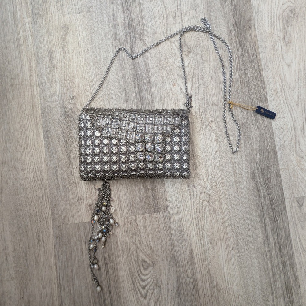 NEW Kenny Ma New York Metal Mesh Evening Bag Tassel Silver Purse Hook